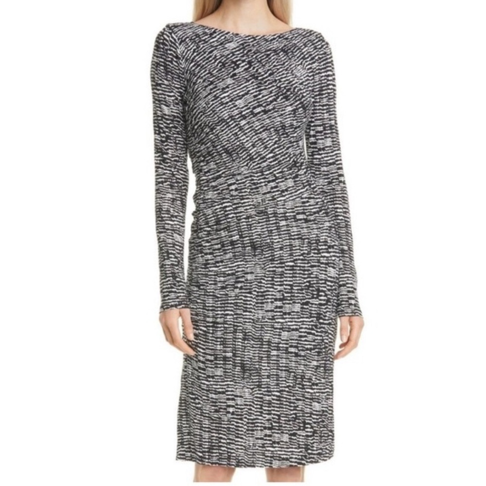 BOSS knit dress long sleeve ruched black and white print